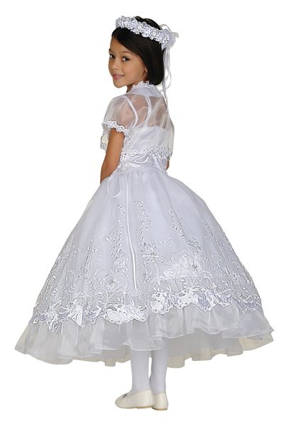 communion gown with lace trimmed jacket